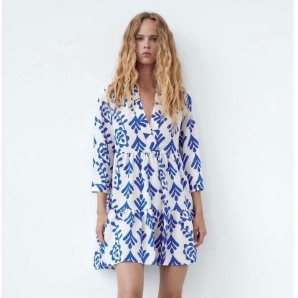 Zara printed mini swing dress “Santorini” size medium